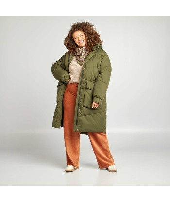 Long warm hooded padded coat KHAKI Véritable concentré