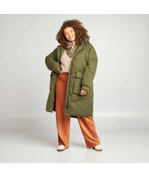 Long warm hooded padded coat KHAKI Véritable concentré