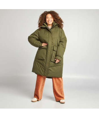 Long warm hooded padded coat KHAKI Véritable concentré