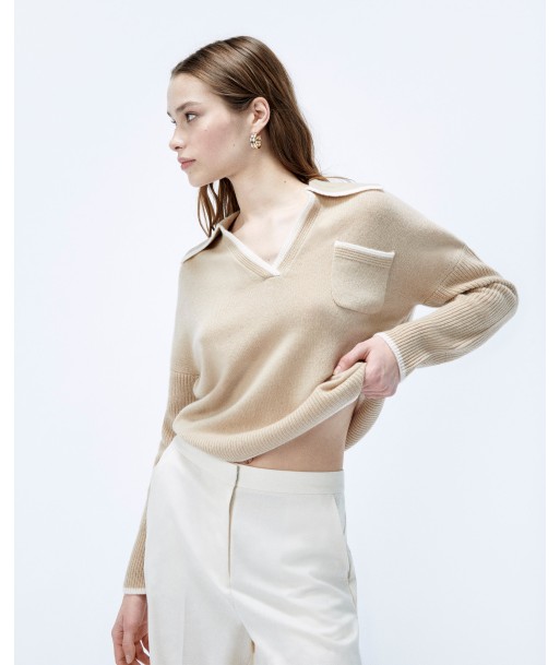 Pull Col Polo Bicolore (S24 / FEMME / Beige) pas cher 