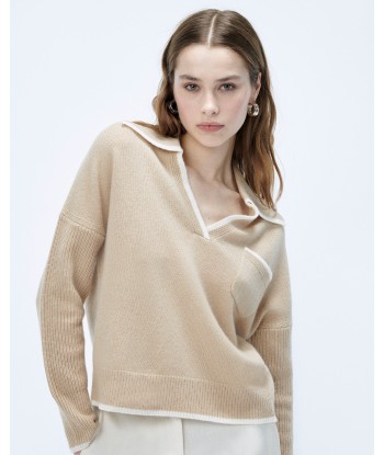 Pull Col Polo Bicolore (S24 / FEMME / Beige) pas cher 