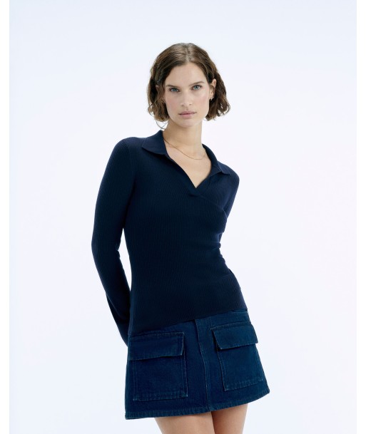 Pull Col Polo à Côtes Bijou (S24 / FEMME / Navy) brillant des détails fins