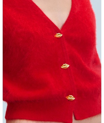 Pull Cardigan en Cachemire Brossé Boutons Bijoux (H24 / FEMME / Hot Red) destockage