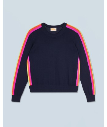 Pull Col Rond Bandes Manches Multicolore (H24 / FEMME / Navy / 100% Laine Mérinos RWS) Véritable concentré