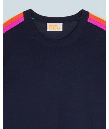 Pull Col Rond Bandes Manches Multicolore (H24 / FEMME / Navy / 100% Laine Mérinos RWS) Véritable concentré