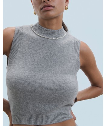 Pull Sans Manche Perles à L'encolure (H24 / FEMME / Gris Chiné Foncé / 100% Cachemire) le concept de la Pate a emporter 