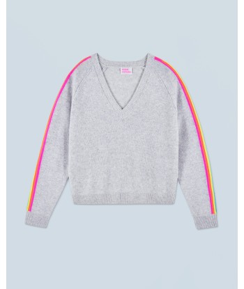 Pull Col V Bandes Manches Multicolore (H24 / FEMME / Gris Chiné Clair) Profitez des Offres !