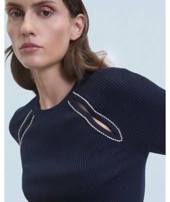 Top Manches Courtes Ouvertures et Broderies (H24 / FEMME / Navy / 100% Laine Mérinos RWS) de votre